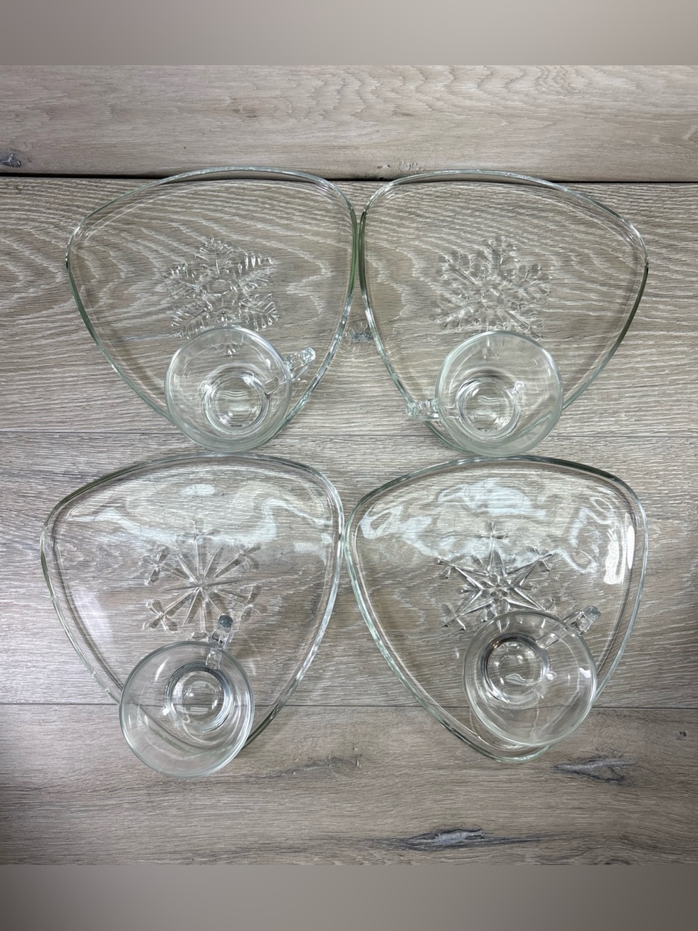 Vintage Indiana Glass 4 Diff. Snowflake Triangle Snack Plates W/Cups set 8.75”